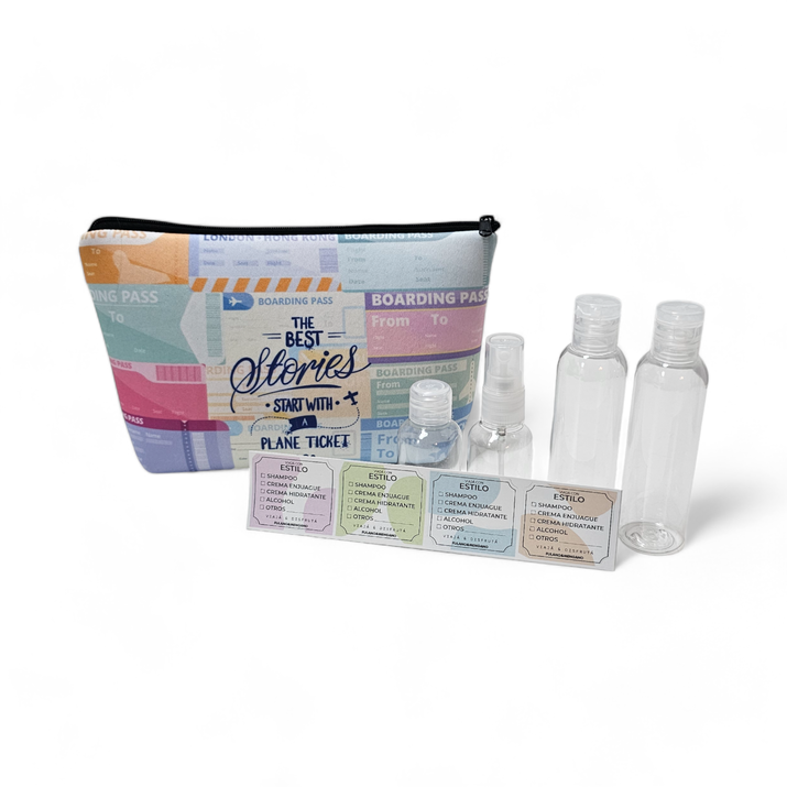 NECESER SIMIL NEOPREN + STICKERS + ATOMIZADOR + FRASCO CH + 2 FRASCOS GRANDES - BOARDING P